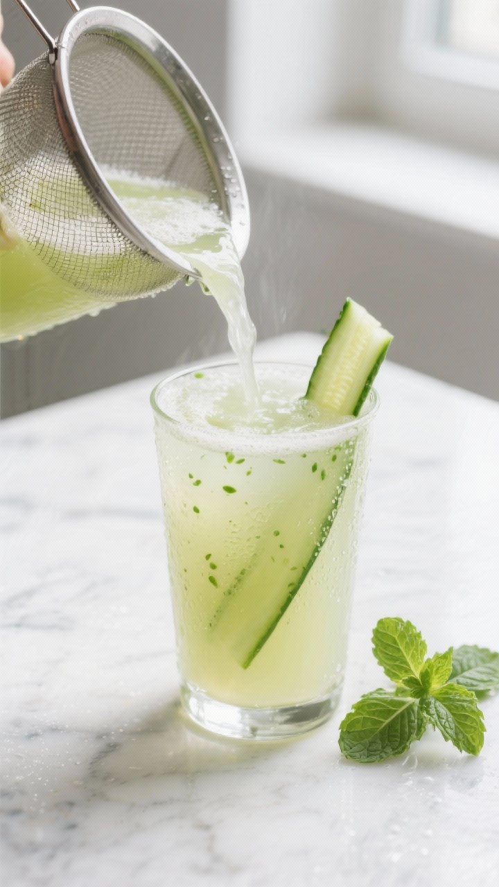 Close-up detail: A chilled glass of Lemon Mint Morning Cleanse Juice mid-pour through a fine mesh st