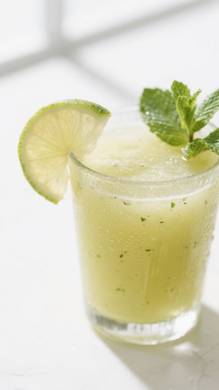 Close-up detail: A chilled glass of Pineapple Ginger Belly-Burn Juice just after blending and option