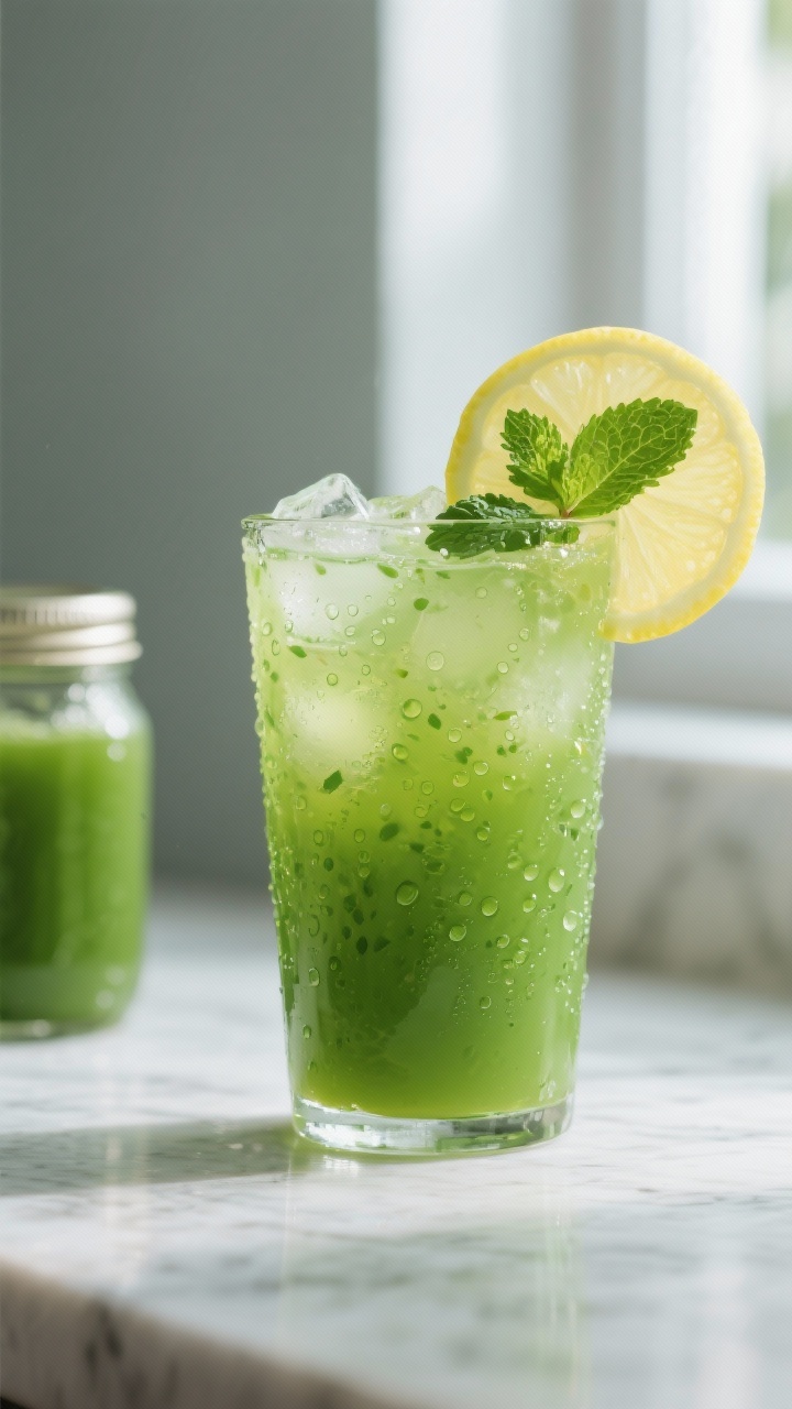 Close-up detail: A chilled glass of Sweet Green Anti-Bloat Juice poured over ice, vivid translucent 