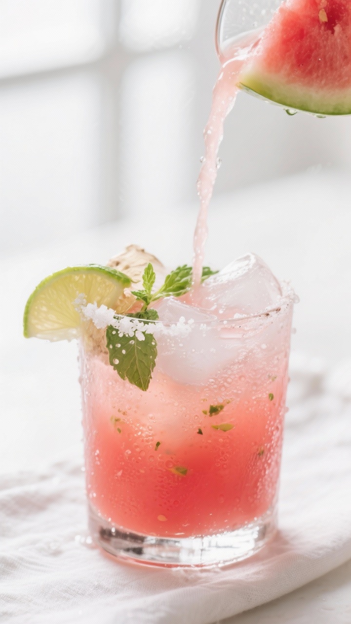 Close-up detail: A chilled glass of Watermelon Detox Flush Juice being poured over ice, captured mid
