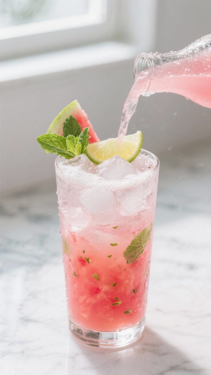 Close-up detail: A chilled glass of Watermelon Mint Spa Cooler mid-pour into an ice-filled highball,