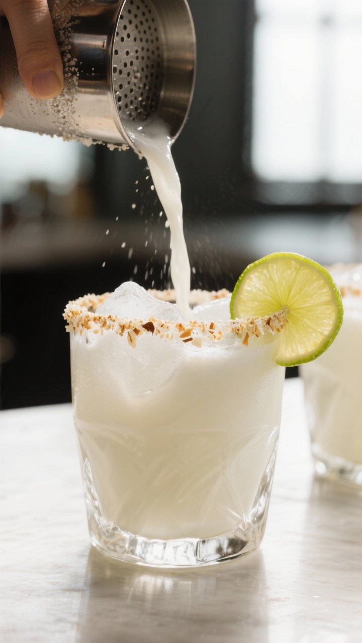 Close-up detail: A chilled rocks glass mid-shake pour of a Coconut Cream Margarita being double-stra
