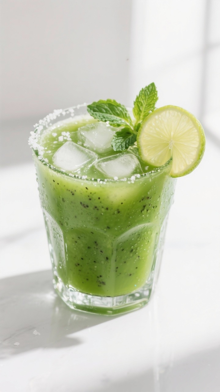 Close-up detail: A crystal-clear glass of Spinach Kiwi Vitamin C Juice just after blending and optio