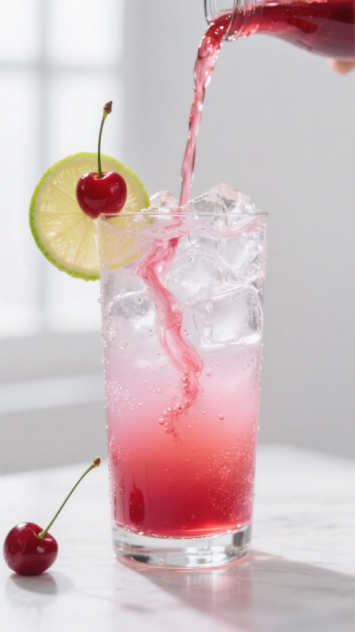 Close-up detail: A Dirty Shirley Valentine in a chilled highball glass captured mid-pour as a ribbon