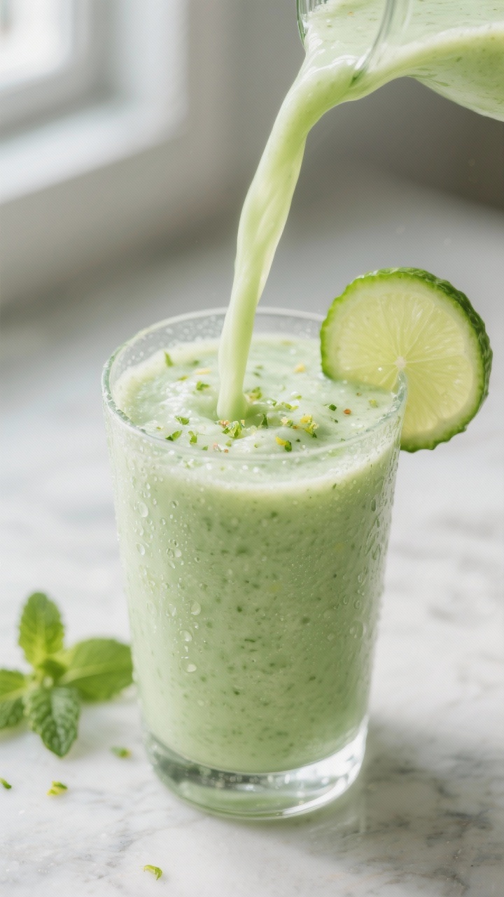 Close-up detail: A freshly blended Cucumber Lime Morning Cleanse Smoothie being poured in a silky ri