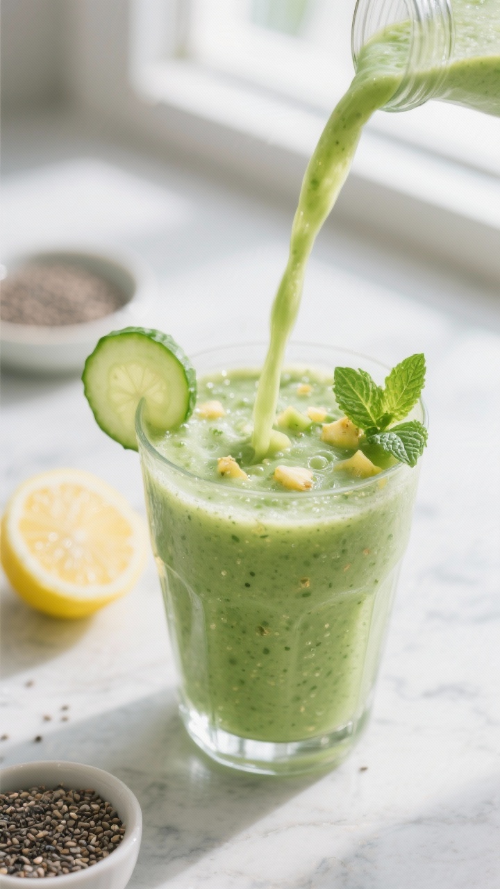 Close-up detail: A freshly blended green smoothie being poured in a silky ribbon into a chilled clea