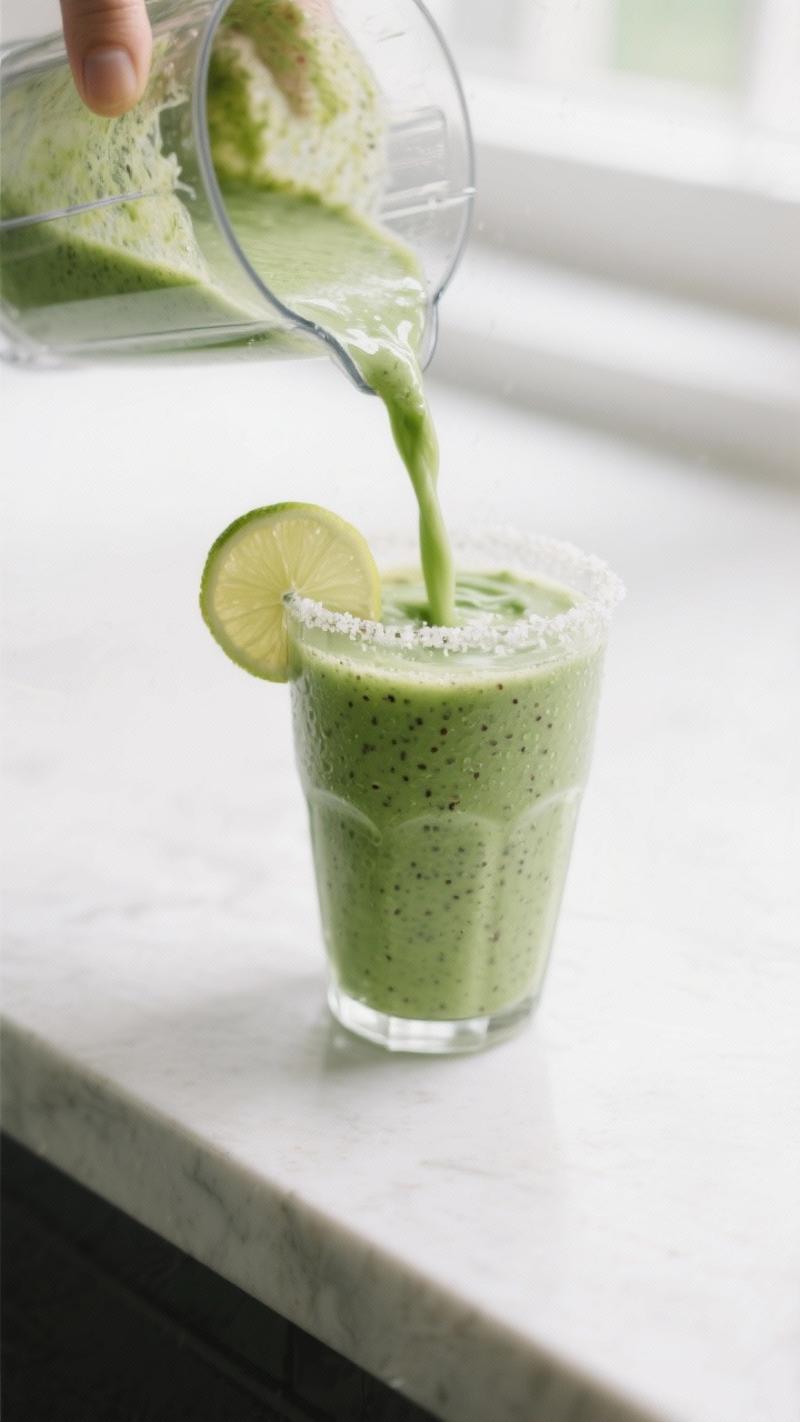 Close-up detail: A freshly blended low-sugar green smoothie being poured from a glass blender into a