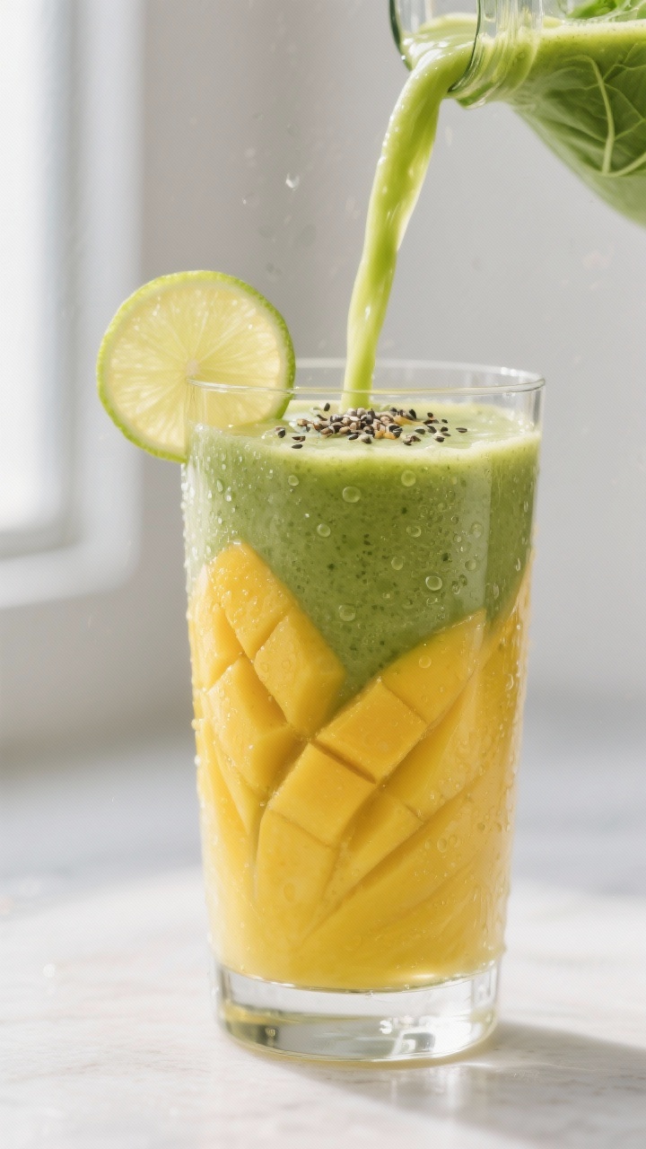 Close-up detail: A freshly blended spinach mango smoothie being poured into a chilled tall glass, si