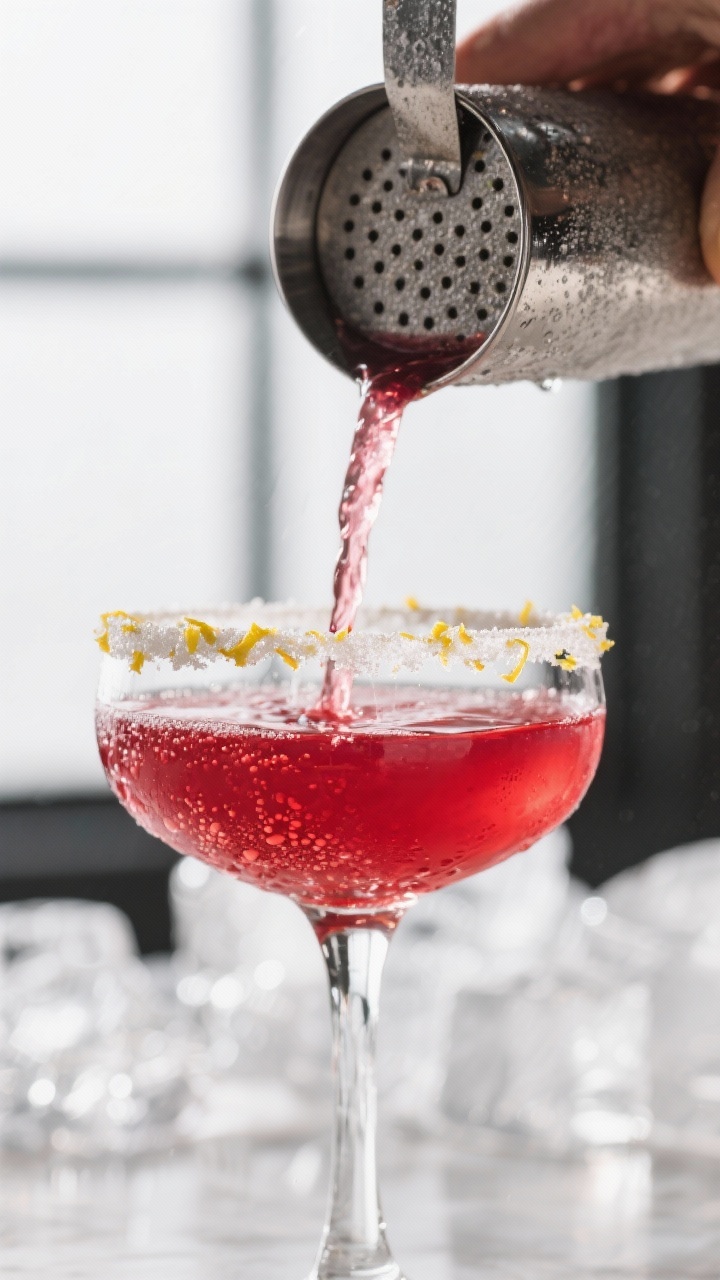 Close-up detail: A freshly mixed Cherry Vodka Love Potion being double-strained from a frosty shaker