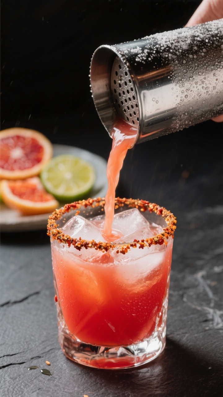 Close-up detail: A freshly shaken Blood Orange Winter Margarita being strained from a frosty metal s