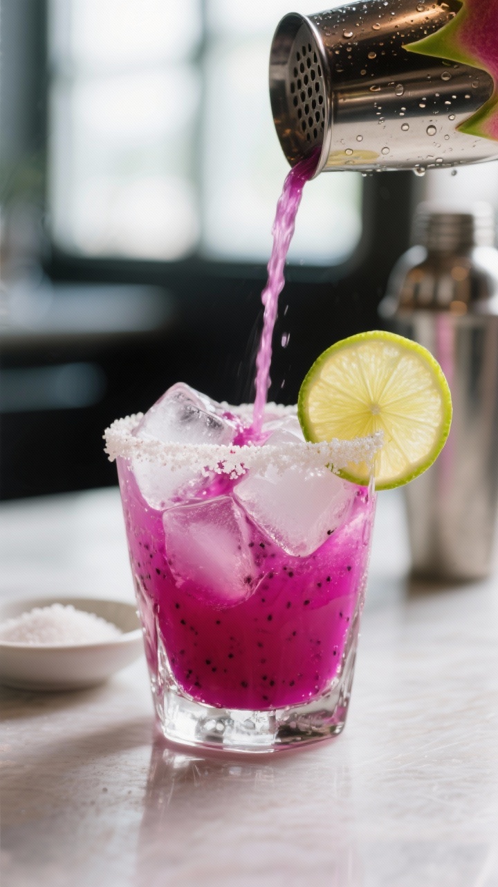 Close-up detail: A freshly shaken dragonfruit margarita being strained into a rocks glass with a spa