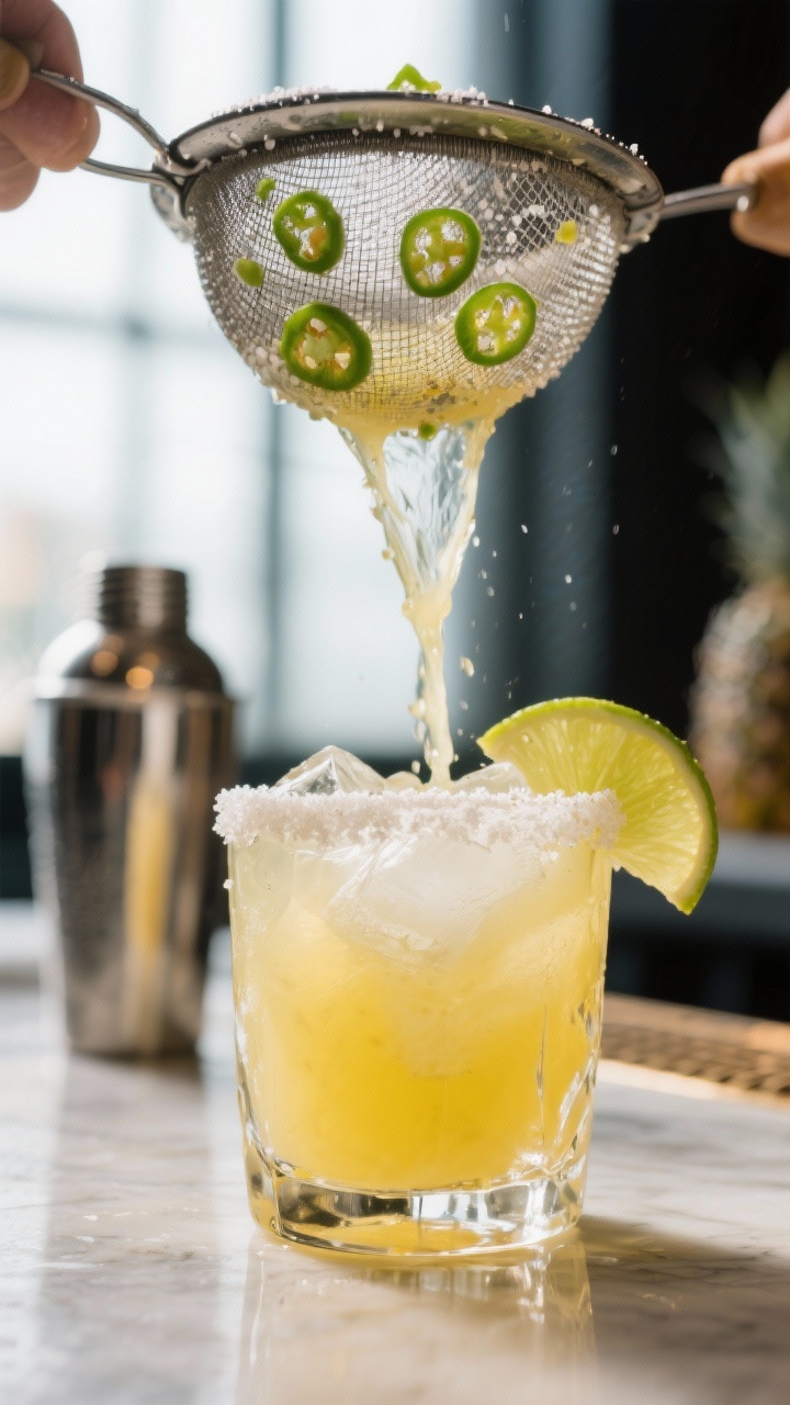 Close-up detail: A freshly shaken Pineapple Jalapeño Margarita being double strained into a salt-ri