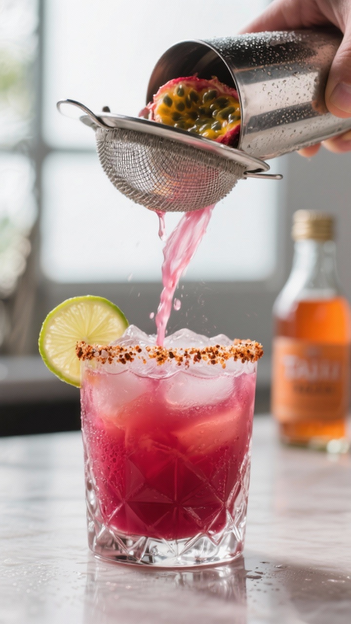 Close-up detail: A freshly shaken Pomegranate Passion Margarita being double-strained from a frosty 