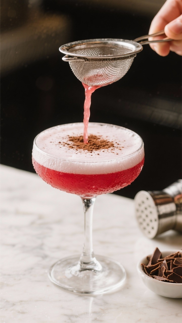 Close-up detail: A freshly shaken Red Velvet Cake Cocktail being double-strained into a frosty, chil