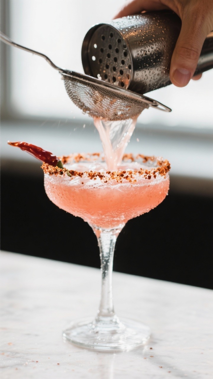 Close-up detail: A freshly shaken Spicy Grapefruit Chili Margarita being poured through a fine-mesh 