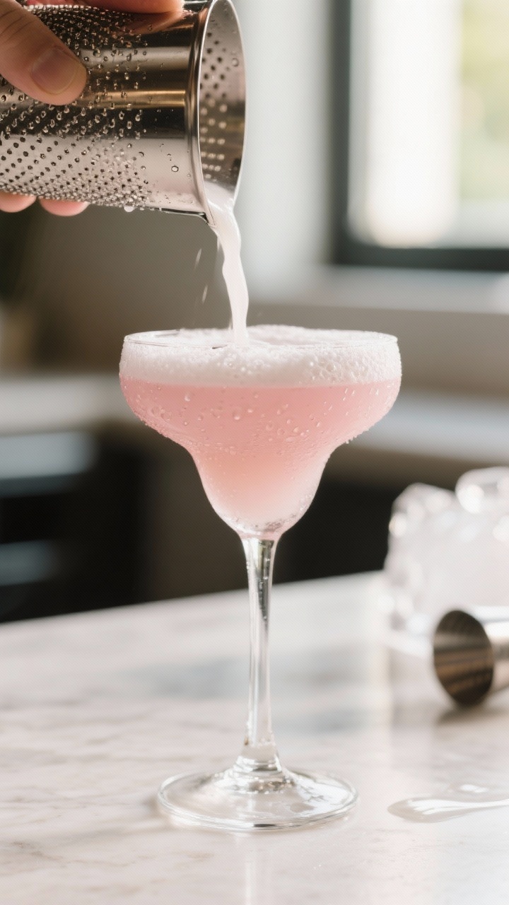 Close-up detail: A freshly shaken White Chocolate Raspberry Martini being strained through a fine me