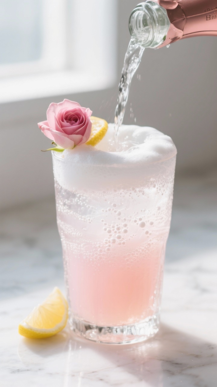 Close-up detail: A freshly strained Blushing Rose Gin Fizz mid-pour with chilled soda water gently c