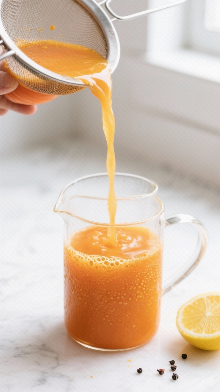 Close-up detail: A freshly strained Carrot Orange Immunity Juice being poured from a fine-mesh strai