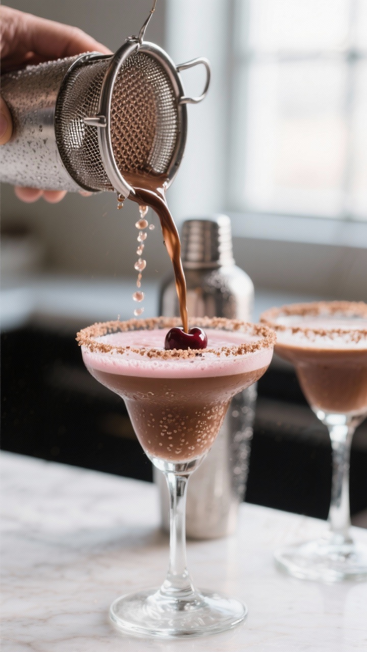 Close-up detail: A freshly strained Chocolate Covered Cherry Martini being poured through a fine mes