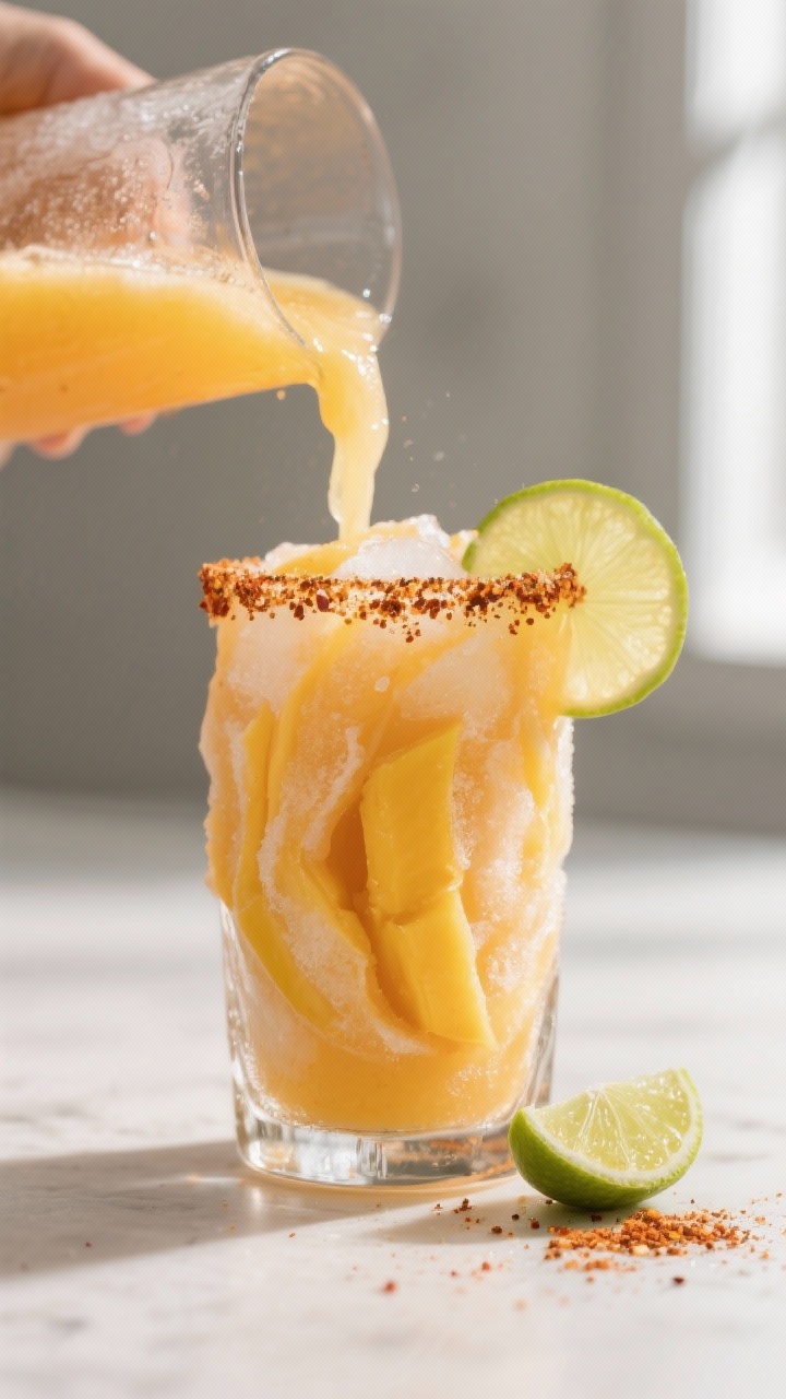 Close-up detail: A frosty frozen mango margarita being blended mid-pour into a pre-chilled, Tajín-r