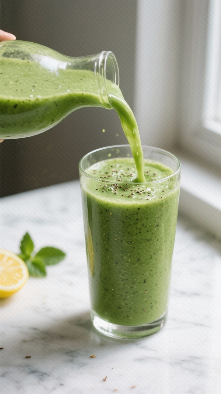 Close-up detail: A silky, freshly blended green tea smoothie being poured into a tall, chilled glass