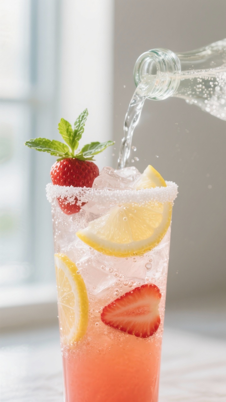 Close-up detail: A tall glass of Sparkling Strawberry Lemonade Refresher being finished with a slow