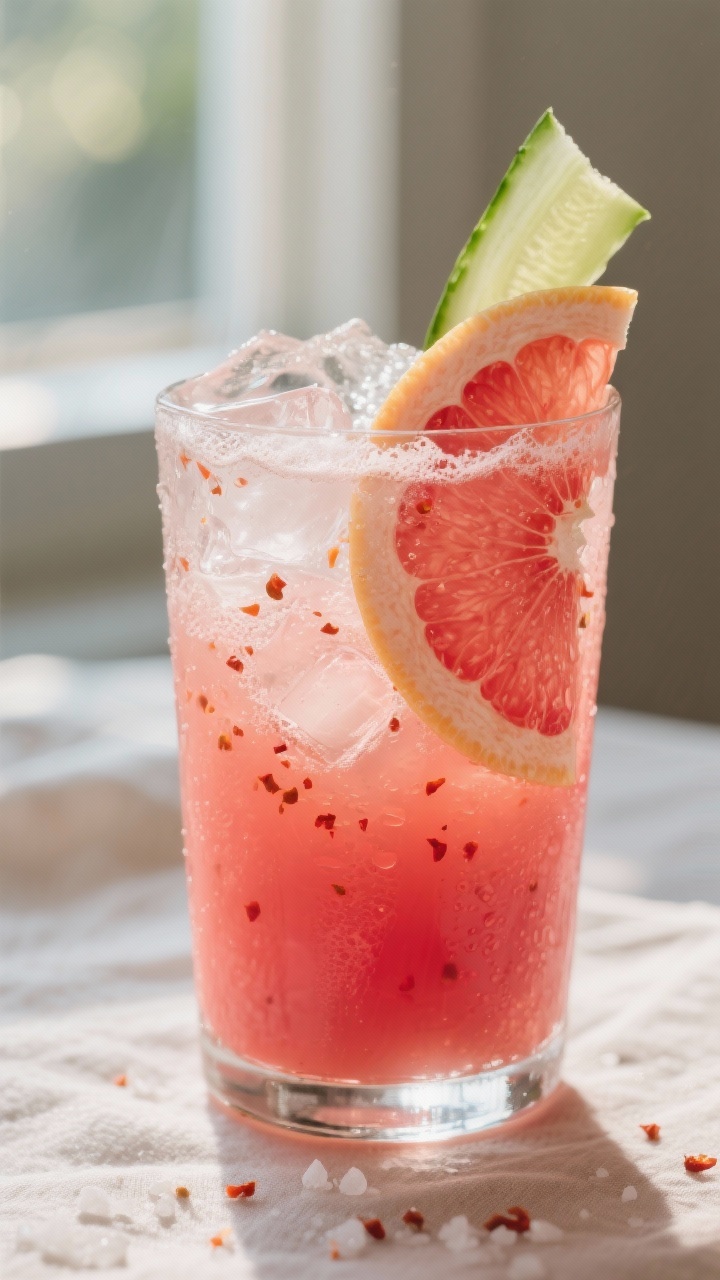 Close-up detail: A tall glass of Spicy Grapefruit Fat-Burn Juice poured over clinking ice, glowing r