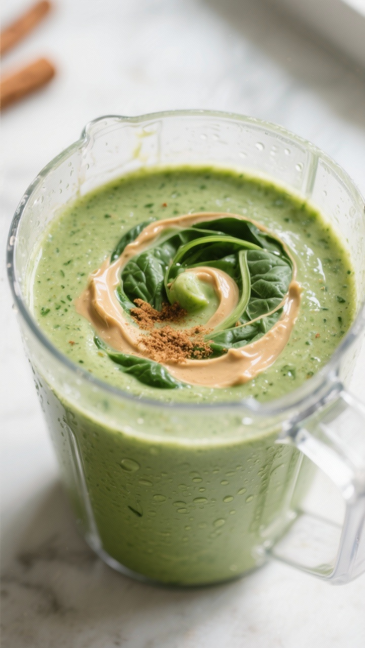 Close-up detail: a thick, creamy green protein smoothie mid-blend in a clear blender jar, vortex swi