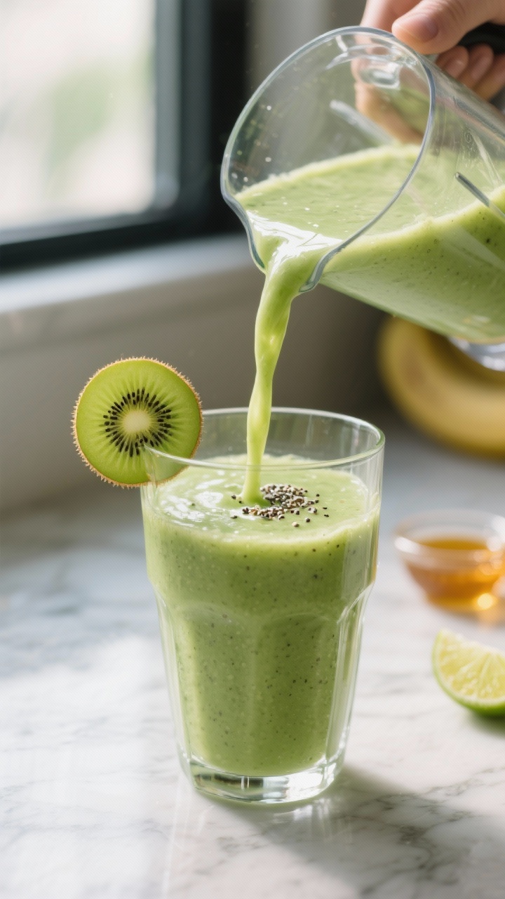 Close-up detail: A thick, velvety kiwi-banana green smoothie being poured from a blender into a chil
