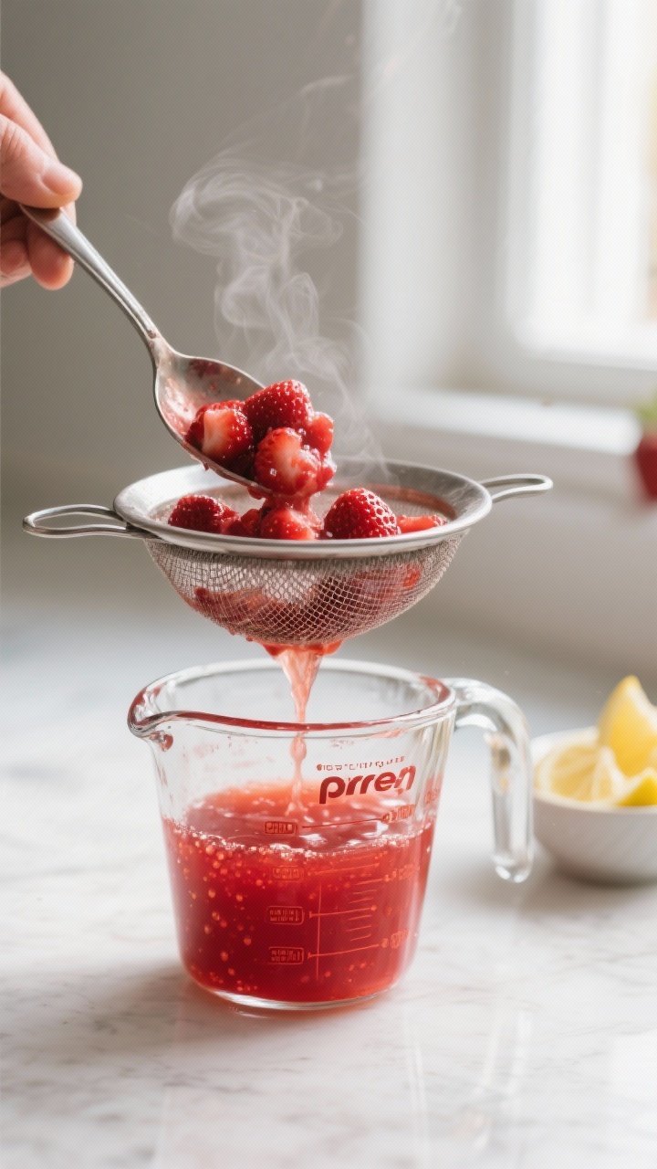 Close-up detail: A warm, just-strained strawberry syrup being poured through a fine-mesh sieve into
