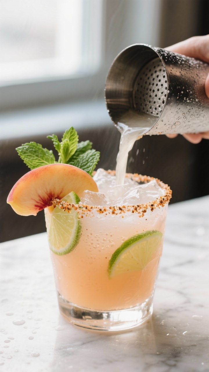 Close-up detail: Double-strained Peach Mint Margarita being poured from a frosty shaker into a salt-
