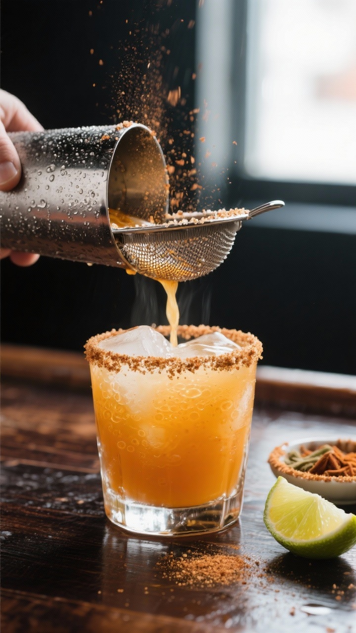Close-up detail: Double-strained Pumpkin Spice Fall Margarita being poured from a frosty shaker thro