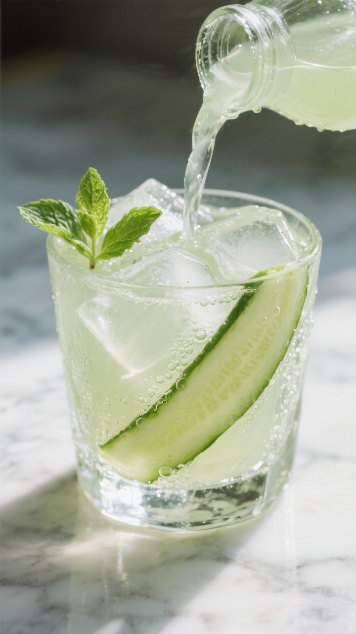 Close-up detail: Freshly strained apple-cucumber hydration juice being poured over clinking ice cube