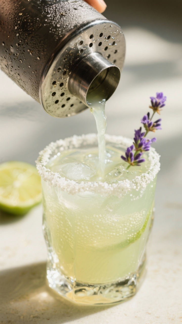 Close-up detail: Frosted cocktail shaker mid-shake with the Lavender Honey Margarita mixture just po
