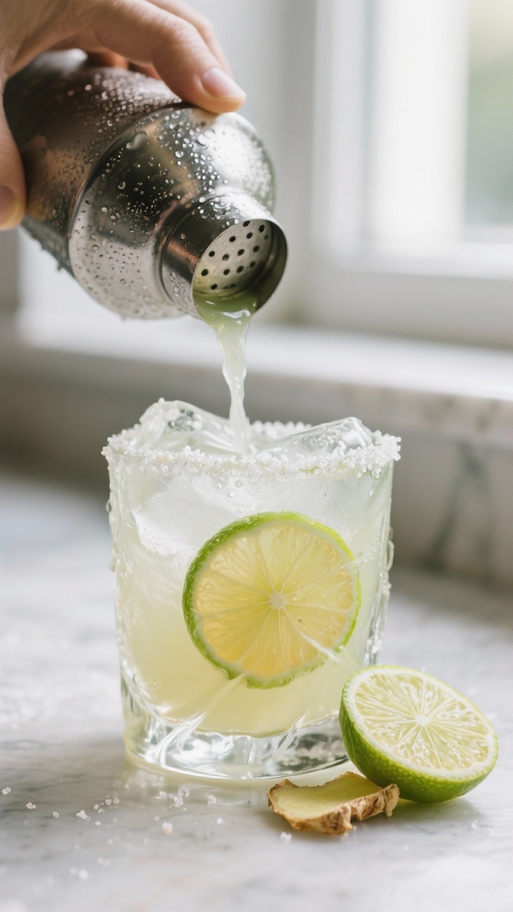 Close-up detail: Frosted cocktail shaker mid-shake with the Ginger Lime Detox Margarita mixture just