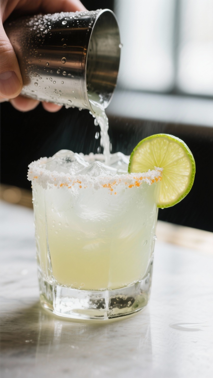 Close-up detail: Frosty classic lime margarita being strained from a shaker into a half-salt–rimme
