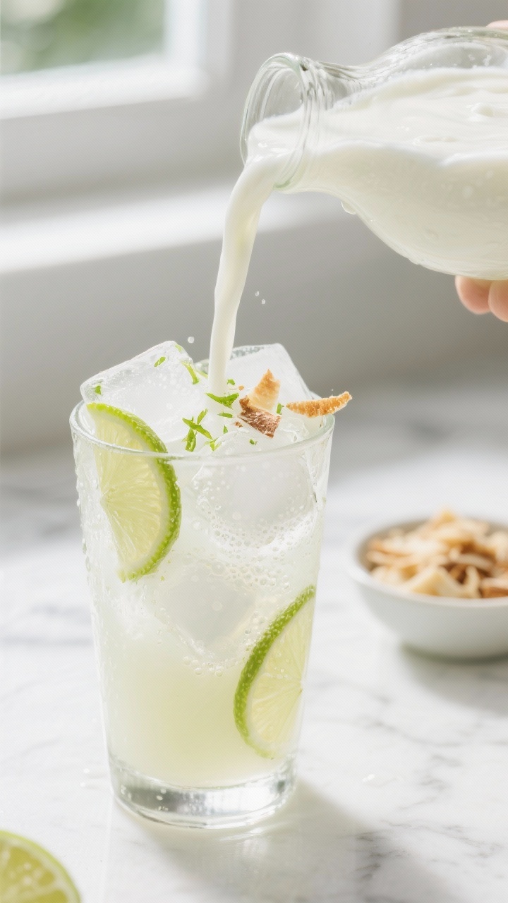 Close-up detail: Frosty Fresh Lime Coconut Cream Cooler being poured over ice into a clear highball