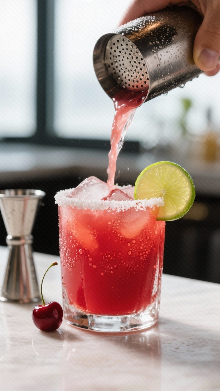 Close-up detail: Frosty shaker pour of a Cherry Limeade Margarita being strained over fresh ice into