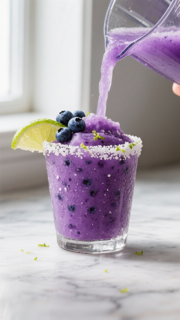 Close-up detail: Frozen blueberry margarita being poured from a blender into a prepared rocks glass,