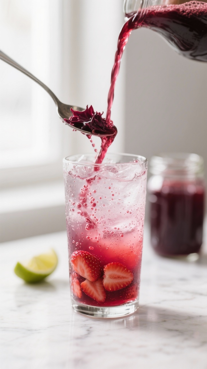 Close-up detail: Hibiscus concentrate being poured over ice in a tall clear glass, deep ruby liquid 