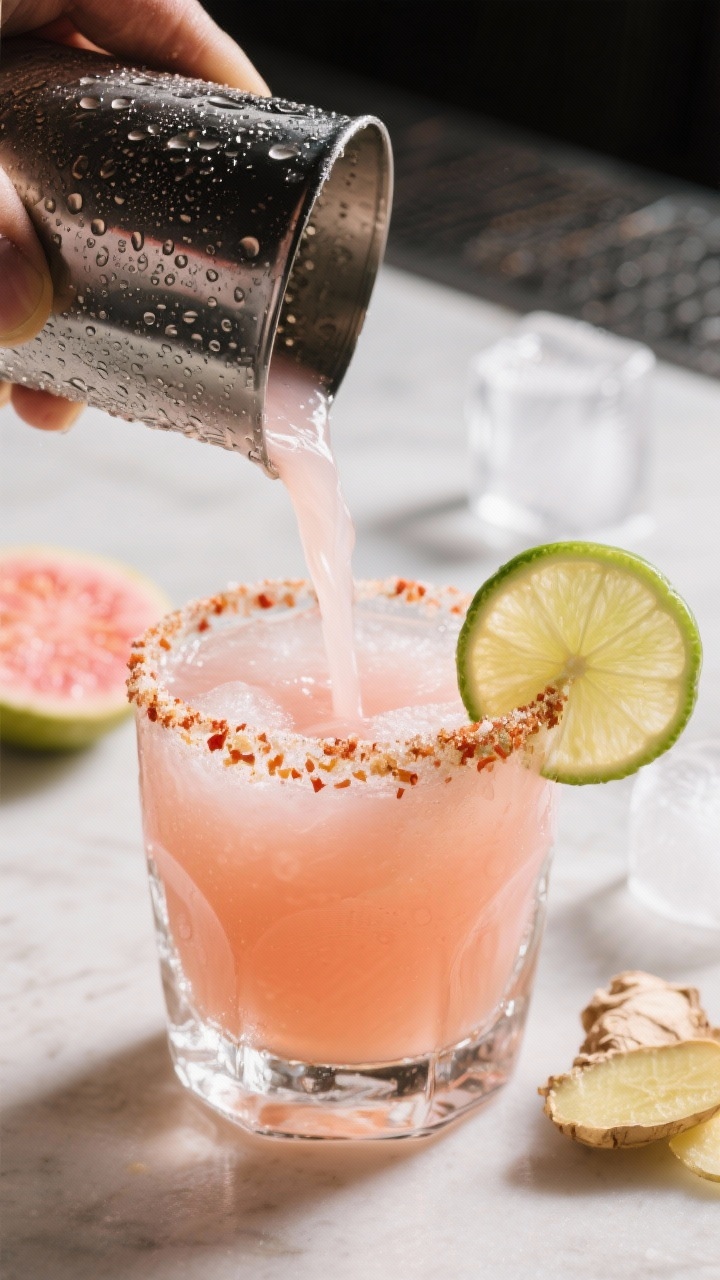 Close-up detail of a freshly shaken Guava Ginger Margarita being fine-strained into a chilled rocks 