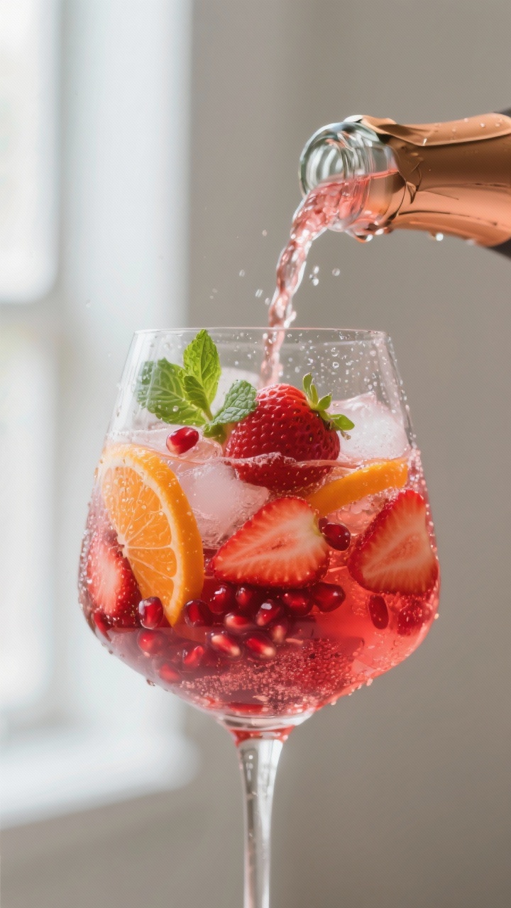 Close-up detail of the finished Valentine’s Day strawberry sangria being poured into a stemless wi