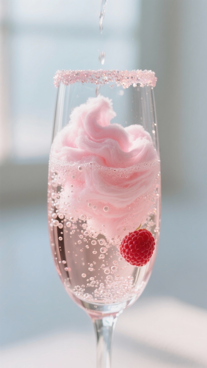 Close-up detail shot: A chilled champagne flute as pink cotton candy dissolves into the bubbly, capt
