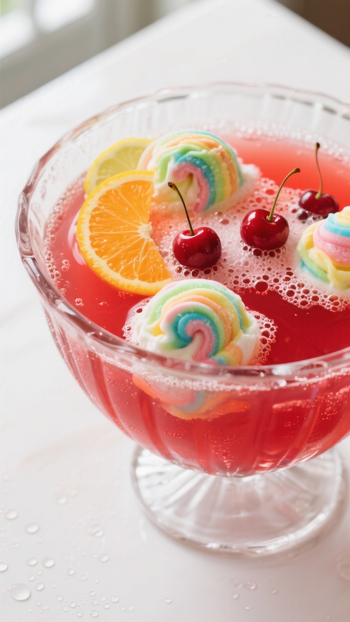 Close-up detail shot: A crystal-clear punch bowl filled with bright cherry-red Kool-Aid sherbet punc
