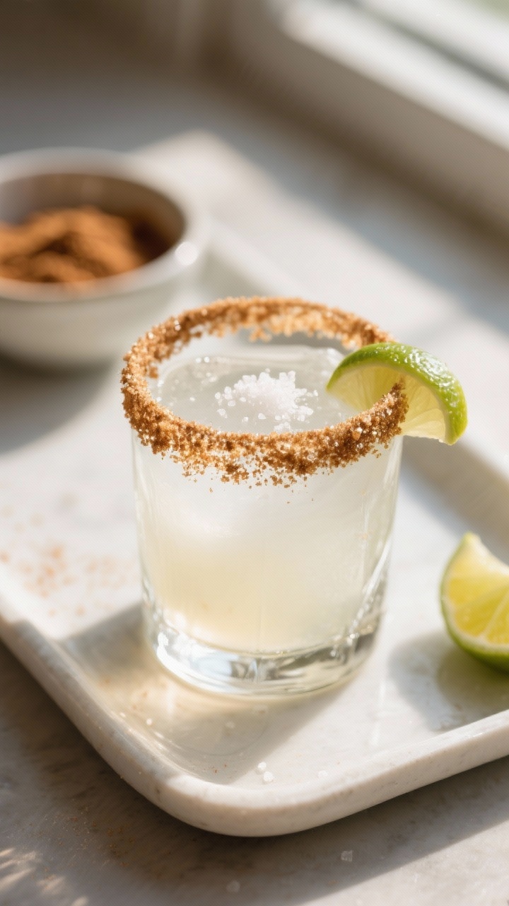 Close-up detail shot: A freshly rimmed rocks glass coated in sparkling cinnamon-sugar with a tiny pi