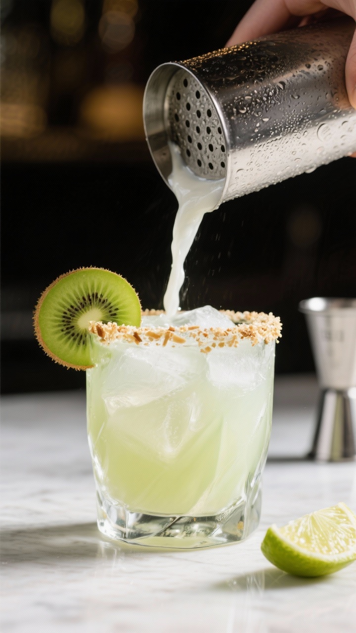 Close-up detail shot: a freshly shaken Kiwi Coconut Margarita being strained from a frosty metal sha