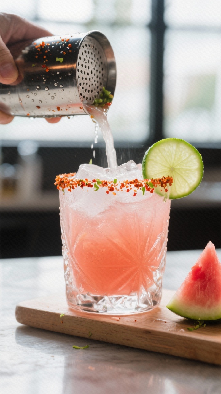 Close-up detail shot: A frosty rocks glass being filled as a coral-pink watermelon–cucumber margar