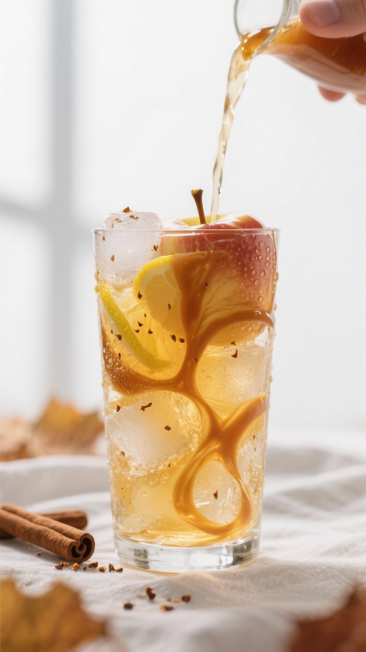 Close-up detail shot: a tall glass packed with ice as chilled caramel apple iced cider is poured in,