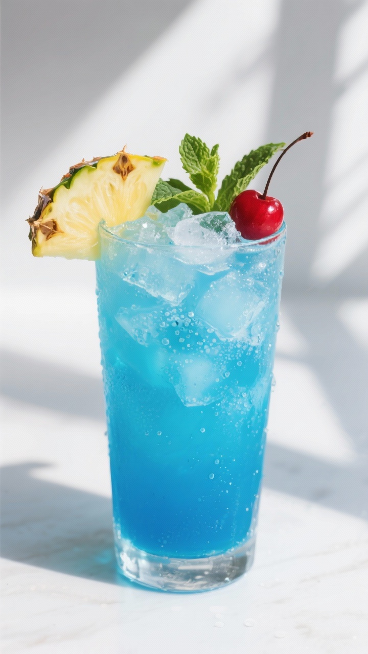 Close-up detail shot: A tall highball glass filled with vivid ocean-blue Sour Blue Hawaiian Mocktail