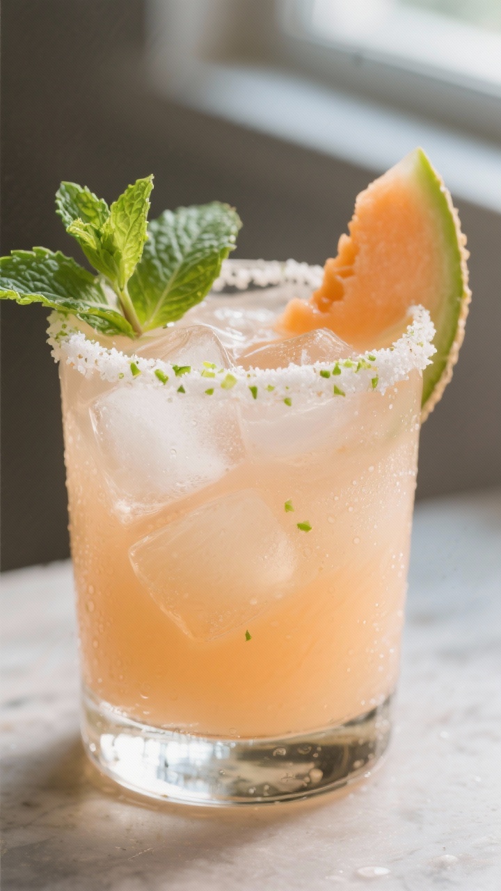 Close-up detail shot of a finished Cantaloupe Mint Margarita on the rocks, showcasing the silky cant